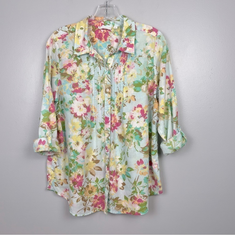 J.Jill uncommon threads 100% cotton floral pintuck detail button shirt, MP.